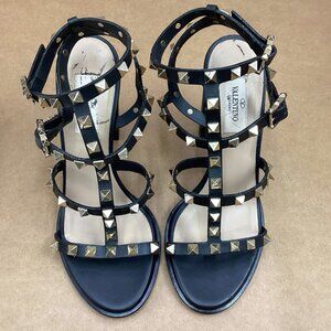 Valentino Rockstud City Block Heel Strappy Black Leather Sandal Heels